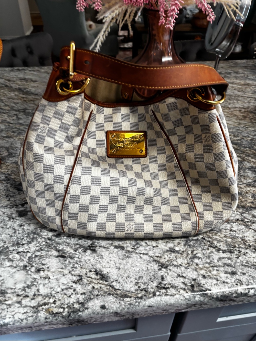 Louis Vuitton Damier Azur Shoulder Bag with Brown Leather Trim and Gold Hardware